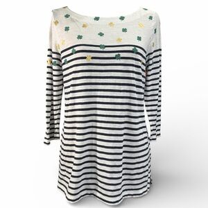 LOFT White Navy Striped 3/4 Sleeve Top with Green and Gold Clover Accents Large